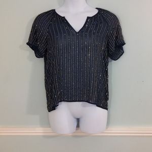 Beaded Metallic Top Anthropologie Navy Blue